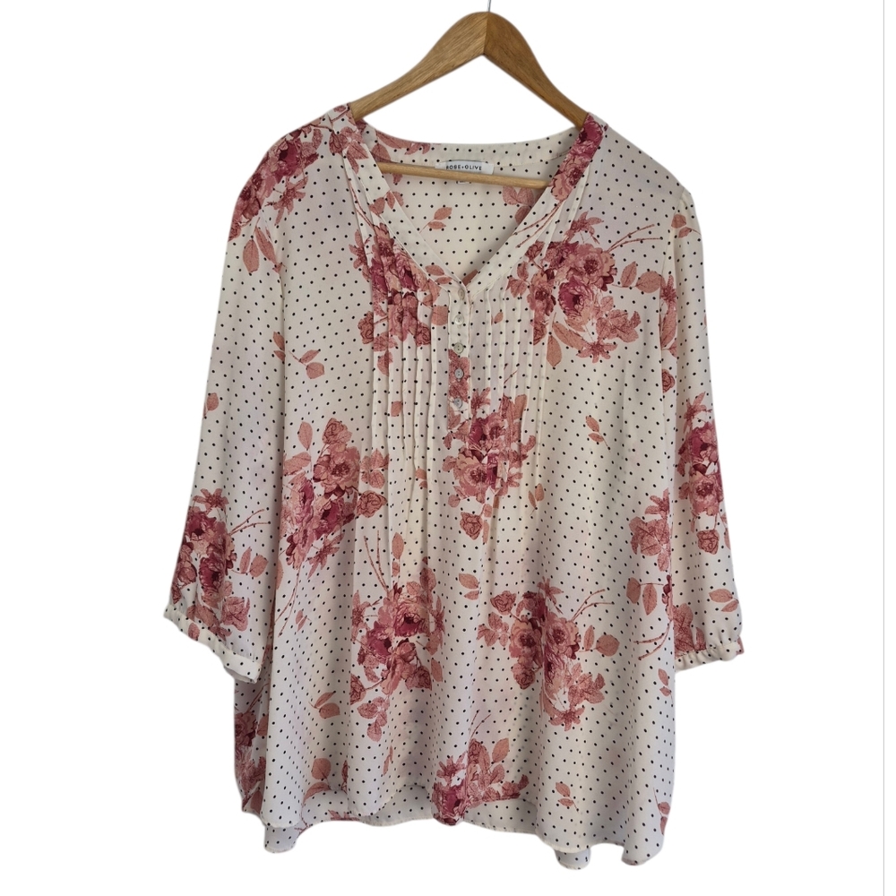 Rose & Olive Floral & Micro Polka Dot Print Pintuck Blouse Sz 2X Romantic Shabby